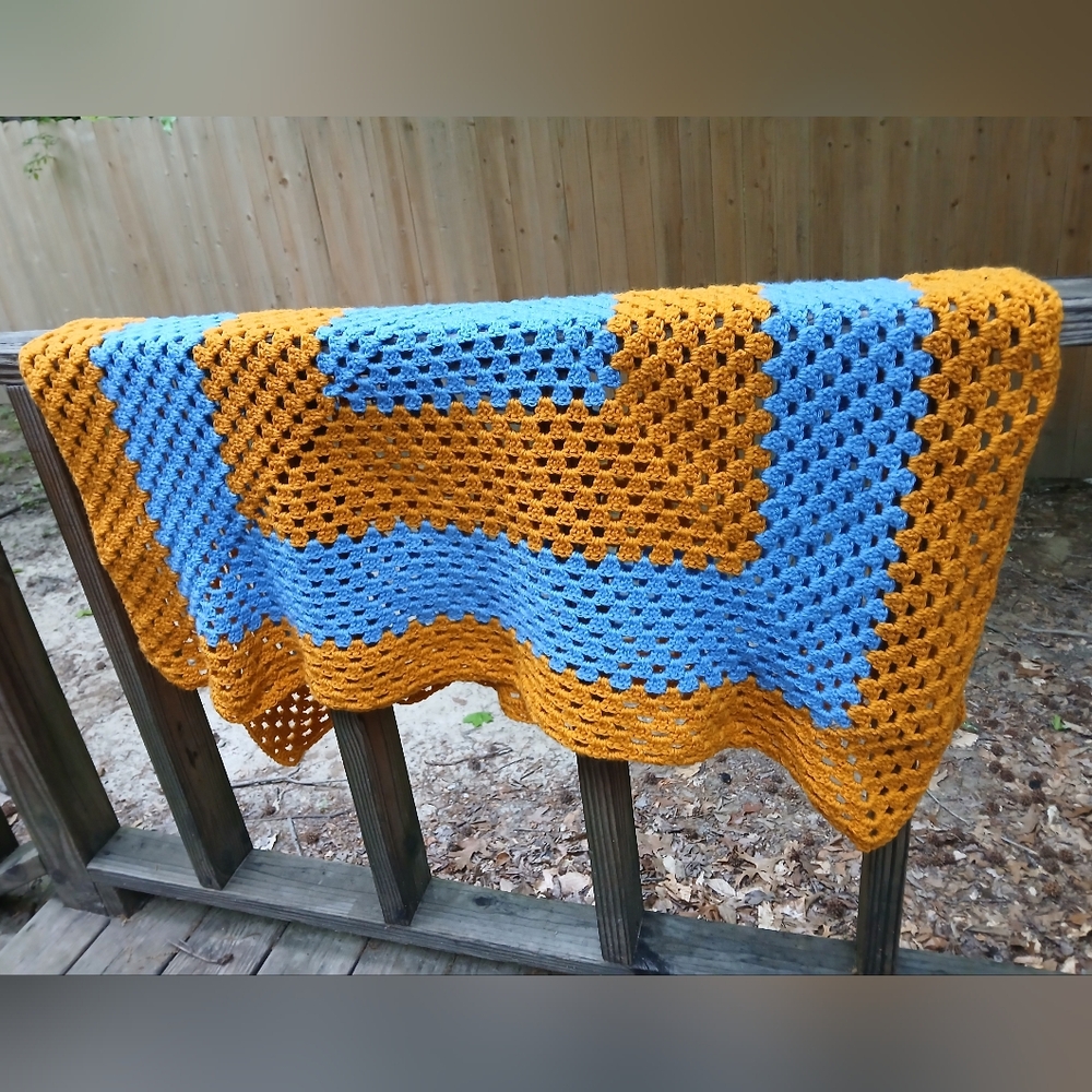 Handmade Blue and Yellow Crochet‎ Blanket/afghan/lap Throw. Vintage